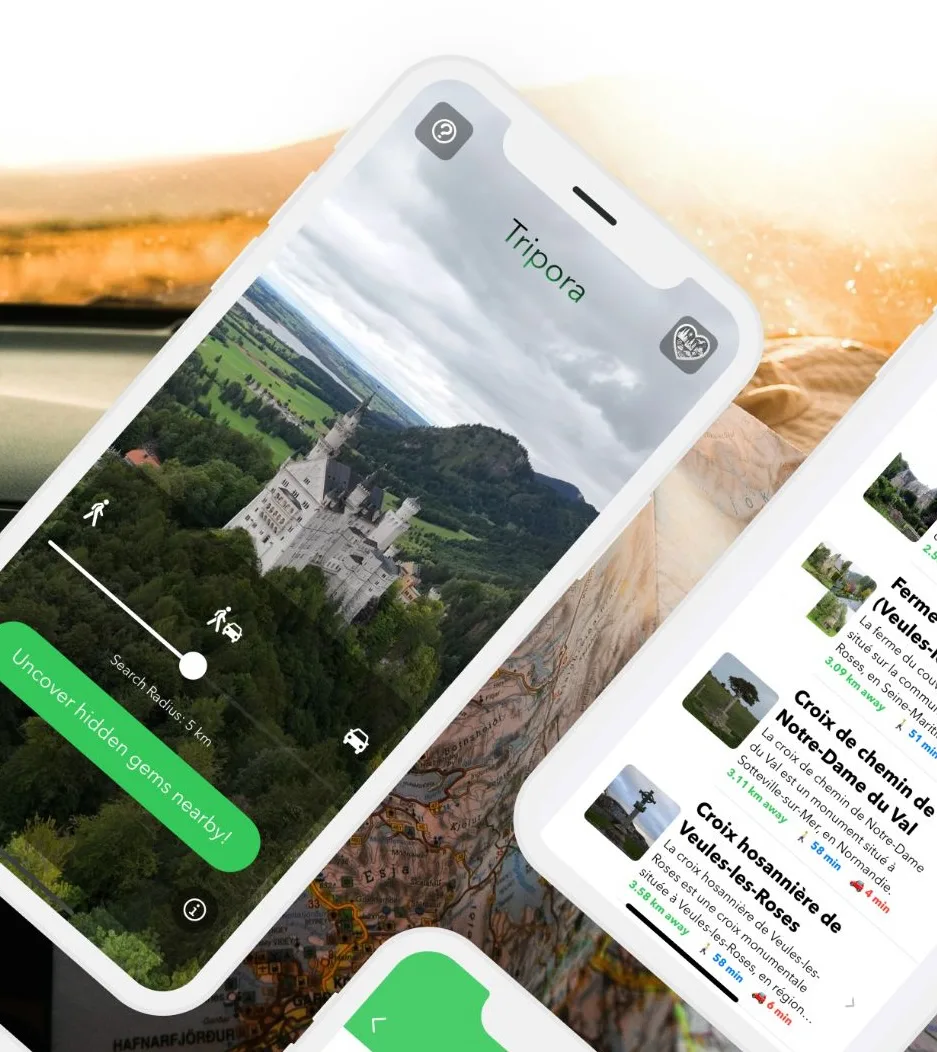Tripora app showing nearby places on a map